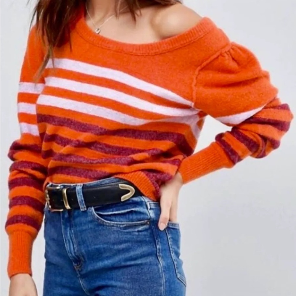NWT Free People Vibrant Orange and Purple Off-Shoulder Sweater Sz S